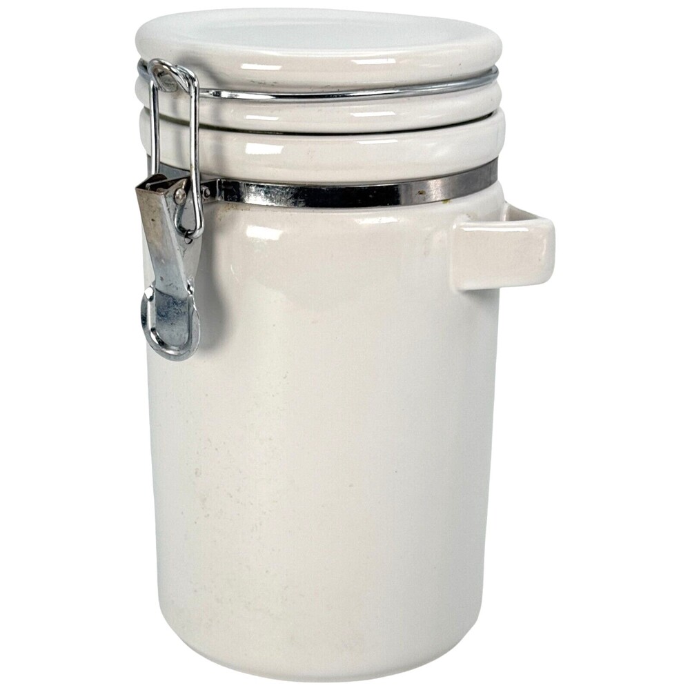 Canister Round Jar Wire Bail Lid & Gasket Snap Clasp Lid White 8" Spoon Holder